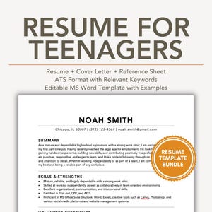 Puede incluir: Un paquete de plantillas de currículum para adolescentes, que incluye un currículum, una carta de presentación y una hoja de referencia. La plantilla es editable en MS Word e incluye ejemplos. La muestra de currículum incluye un resumen, habilidades y fortalezas.