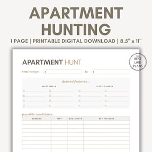 Apartment Hunt Planner Page Apartment Tracker Apt Hunting List Rental Apartment Search To Do List Apartment to Rent Tracker Checklist Guide