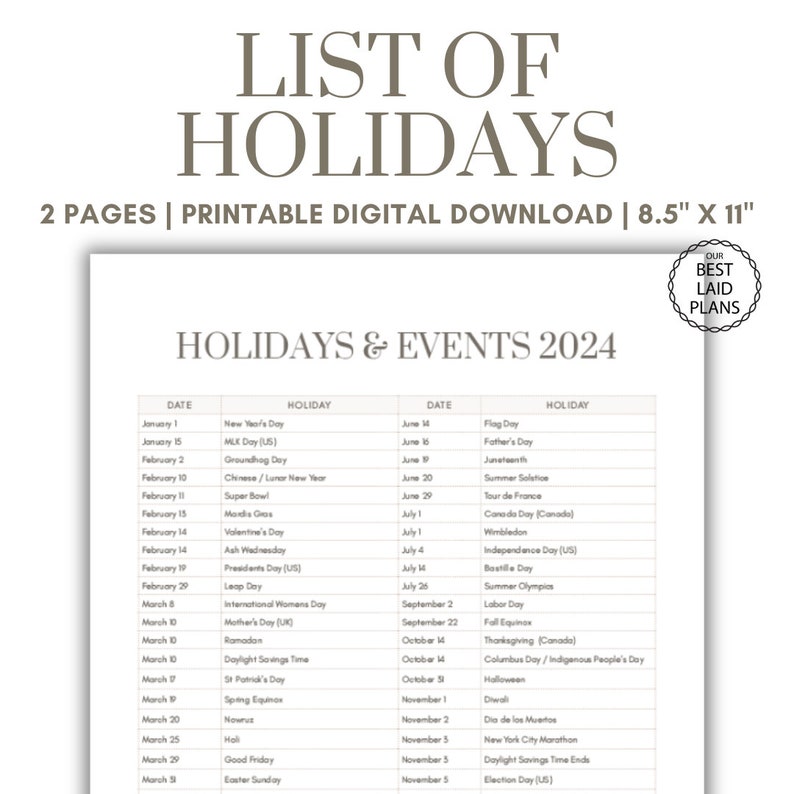 List of Holidays 2024 2025 Holiday List Printable PDF in Order Holidays
