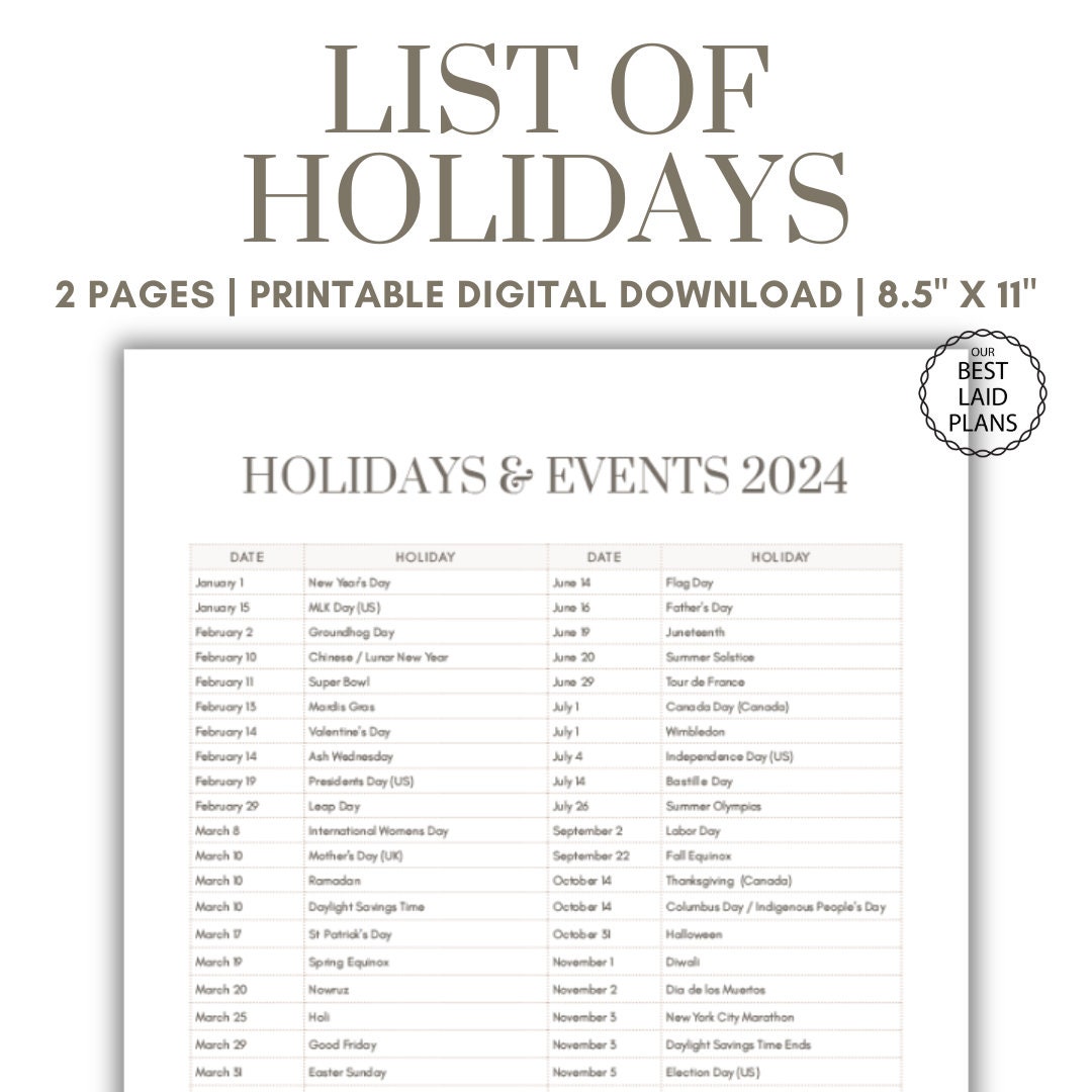 List of Holidays 2024 2025 Holiday List Printable PDF in Order Holidays and Events for 2024 and