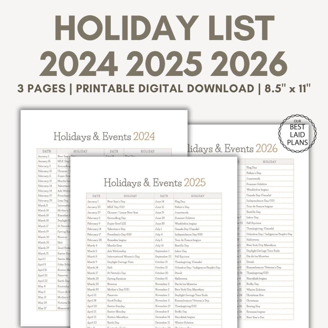 List of Holidays 2024 2025 2026 Holiday List Printable PDF in Order