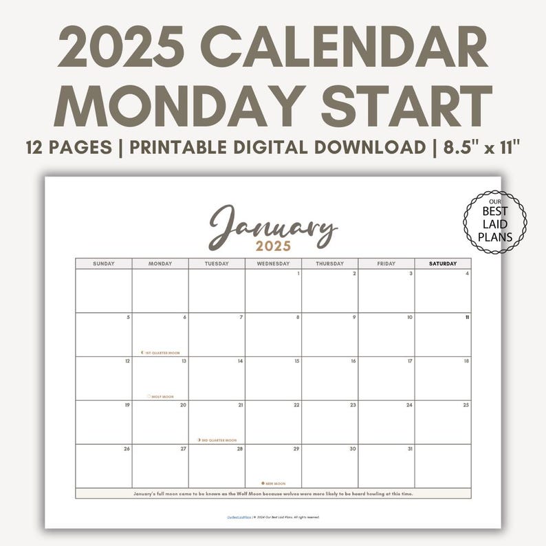 2025 Printable Calendar PDF Monday Start Calendar for 2025 Digital