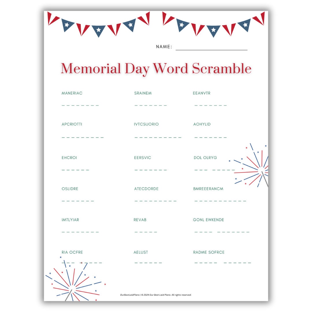 Buy Memorial Day Word Scramble Printable PDF Word Unscramble Word ...