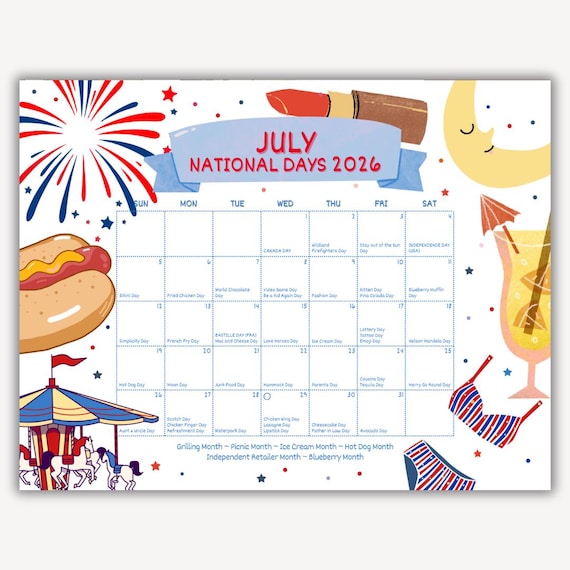 July National Days Calendar, National July Days Calendar 2026, National Day Holidays in July, Calendar of Holidays and National Days