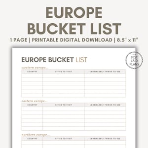 Europe Bucket List Printable Europe Travel Europe Vacation Planner European Vacation Digital Planner 2025 Minimalist Euro Trip Plan List