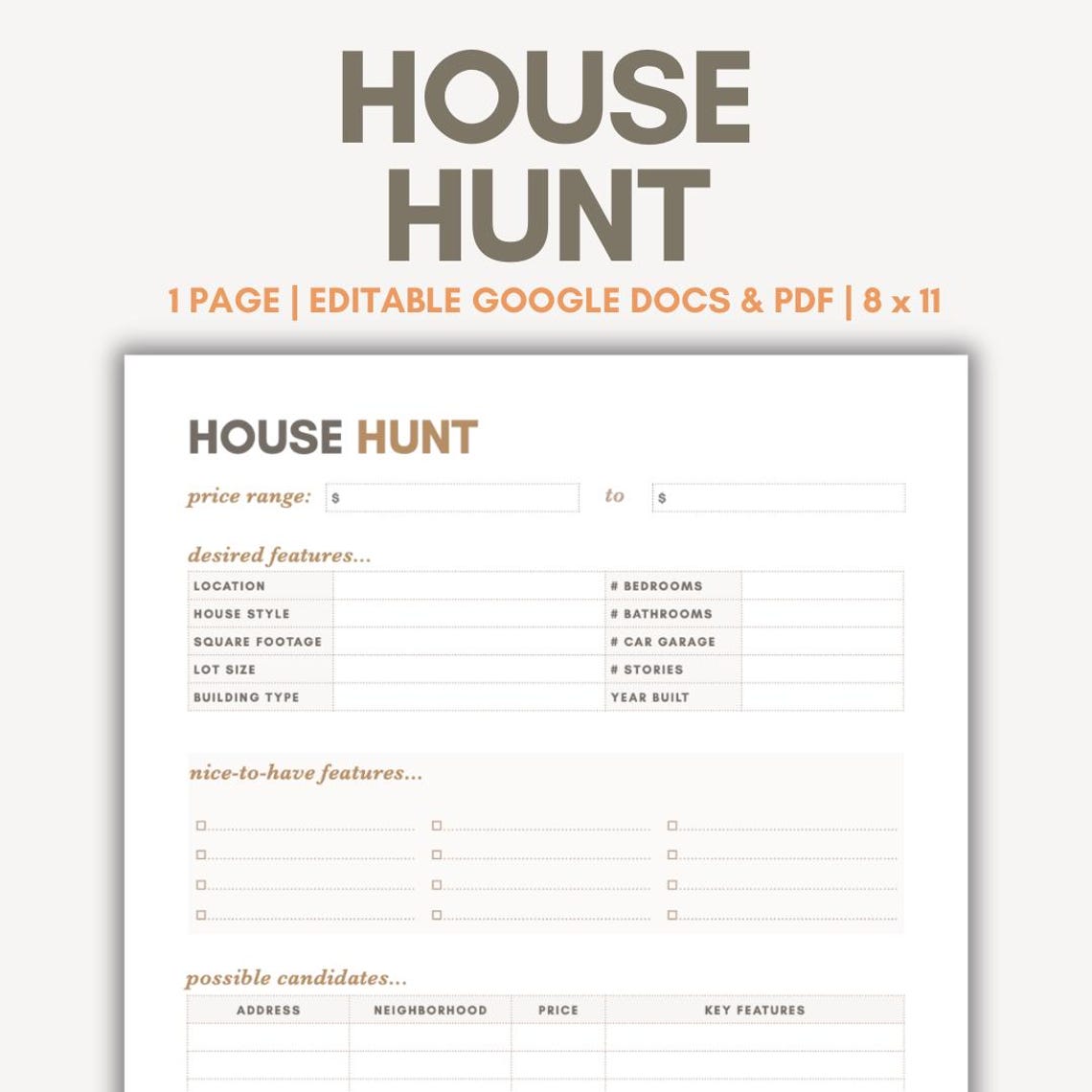 House Hunting Checklist Planner Printable PDF Editable Google Docs ...