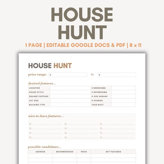 House Hunting Checklist Planner Printable PDF Editable Google Docs House Hunt Scorecard Home Buying Planner House Buying House Hunter