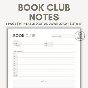 Book Club Meeting Planner One Page Planning Page Printable PDF Book Club Planner Printable Planners for Women Planner Reading Tracker