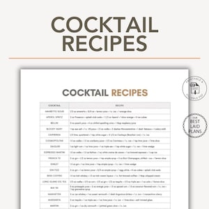 May include: A printable and fillable PDF document titled COCKTAIL RECIPES, featuring a table with two columns listing various cocktails and their specific ingredient measurements in ounces, teaspoons, and cups for home preparation.