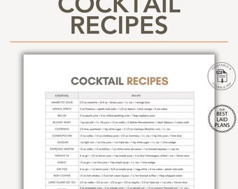 May include: A printable and fillable PDF document titled COCKTAIL RECIPES, featuring a table with two columns listing various cocktails and their specific ingredient measurements in ounces, teaspoons, and cups for home preparation.