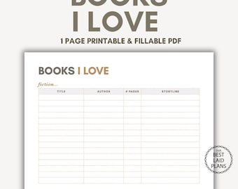 Books I Love Tracker, Book Lovers List, Reading Planner Printable List PDF
