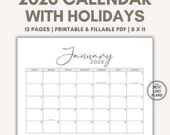 2026 Calendar with Holidays Printable and Fillable PDF 8.5x11 Landscape Orientation by Month Monthly Minimalist Simple Calligraphy Headline