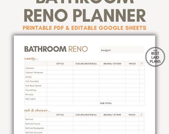 Bathroom Renovation Planner Printable PDF Google Sheets Editable Bathroom Remodel Digital Bathroom Design Planner Bath Renovate Planner