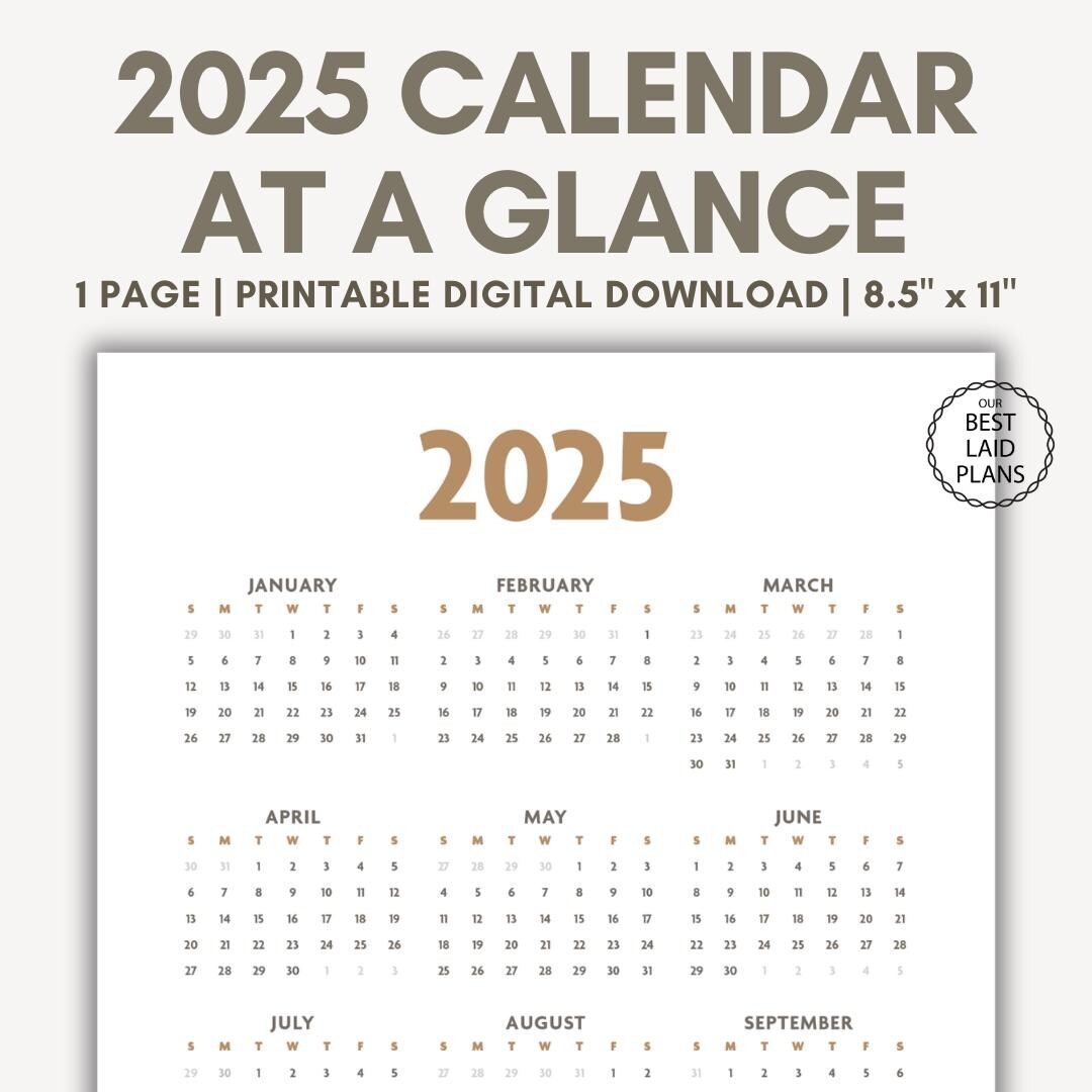2025 Calendar Printable Year at a Glance PDF 2025 Calendar Printable