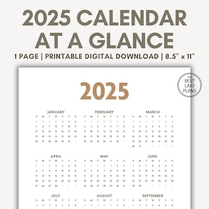 2025 Calendar Printable Year at a Glance PDF 2025 Calendar Printable ...