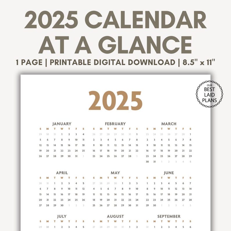 2025 Calendar Printable Year at a Glance PDF 2025 Calendar Printable