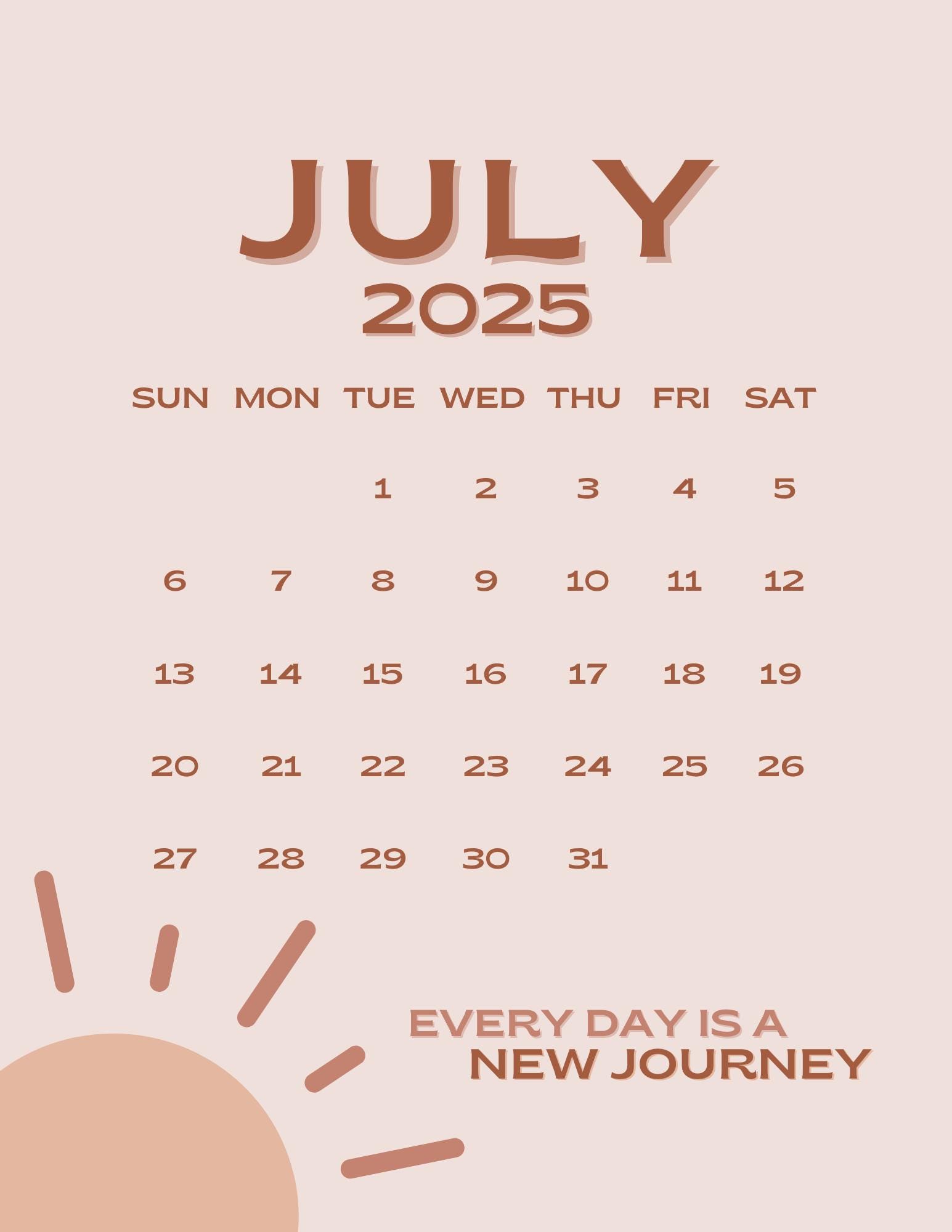 July 2025 Calendar Printable PDF July 2025 Calendar Page July 2025 Pink Boho July Calendar 2025