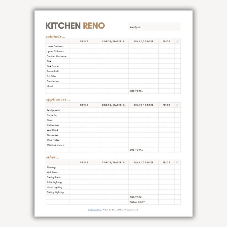 Planificador de reforma de cocina (PDF imprimible, Hojas de cálculo de Google editables), Planificador de diseño de cocina digital, Plantilla de diseño de cocina imagen 2