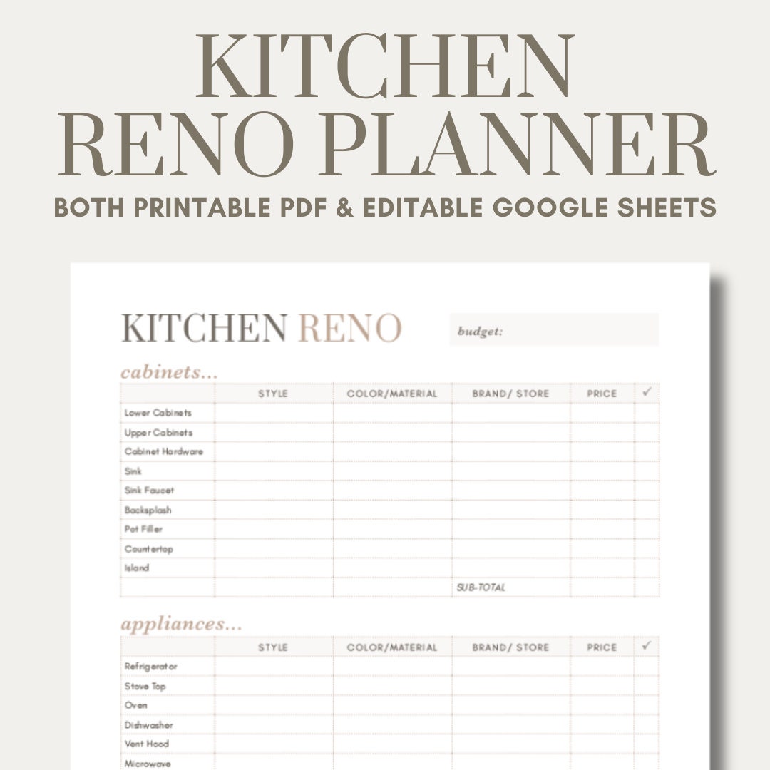 Kitchen Renovation Planner Printable PDF Google Sheets Editable Kitchen ...