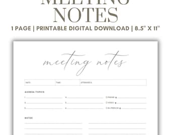 Meeting Notes, Meeting Planner Printable PDF, Meeting Agenda, Meeting Plan, Meeting Notes Digital Download, Meeting Minutes, Template