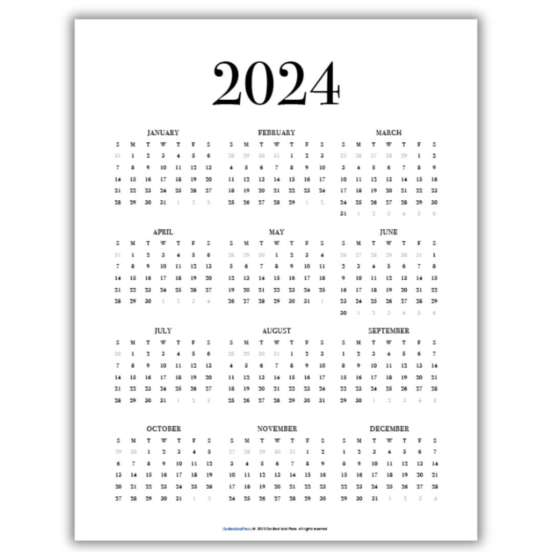 2024 Calendar, Year at a Glance Printable Year, Printable Calendar