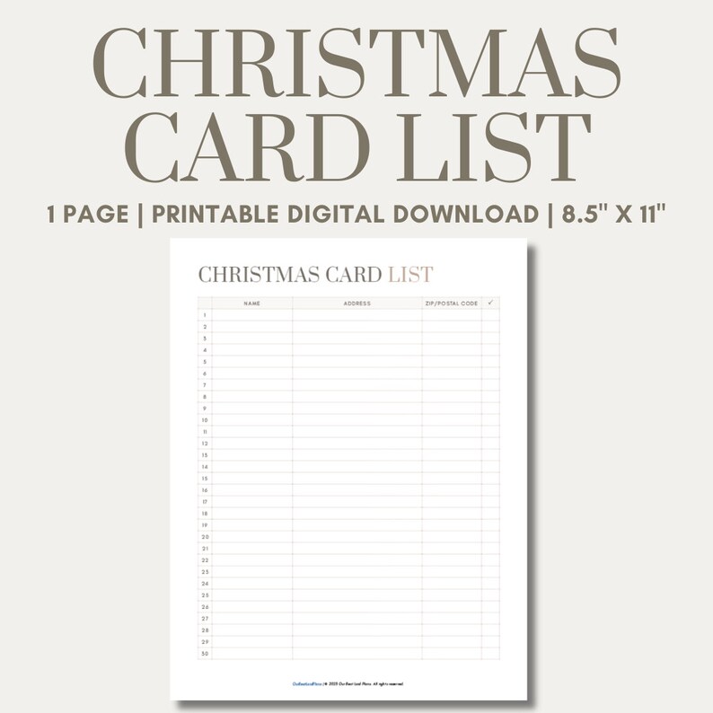 Christmas Card List Printable PDF, Christmas Planner, Christmas Card