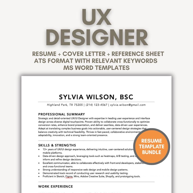 UX Resume Template ATS Format, UX Design Ats Resume Template, Applicant ...