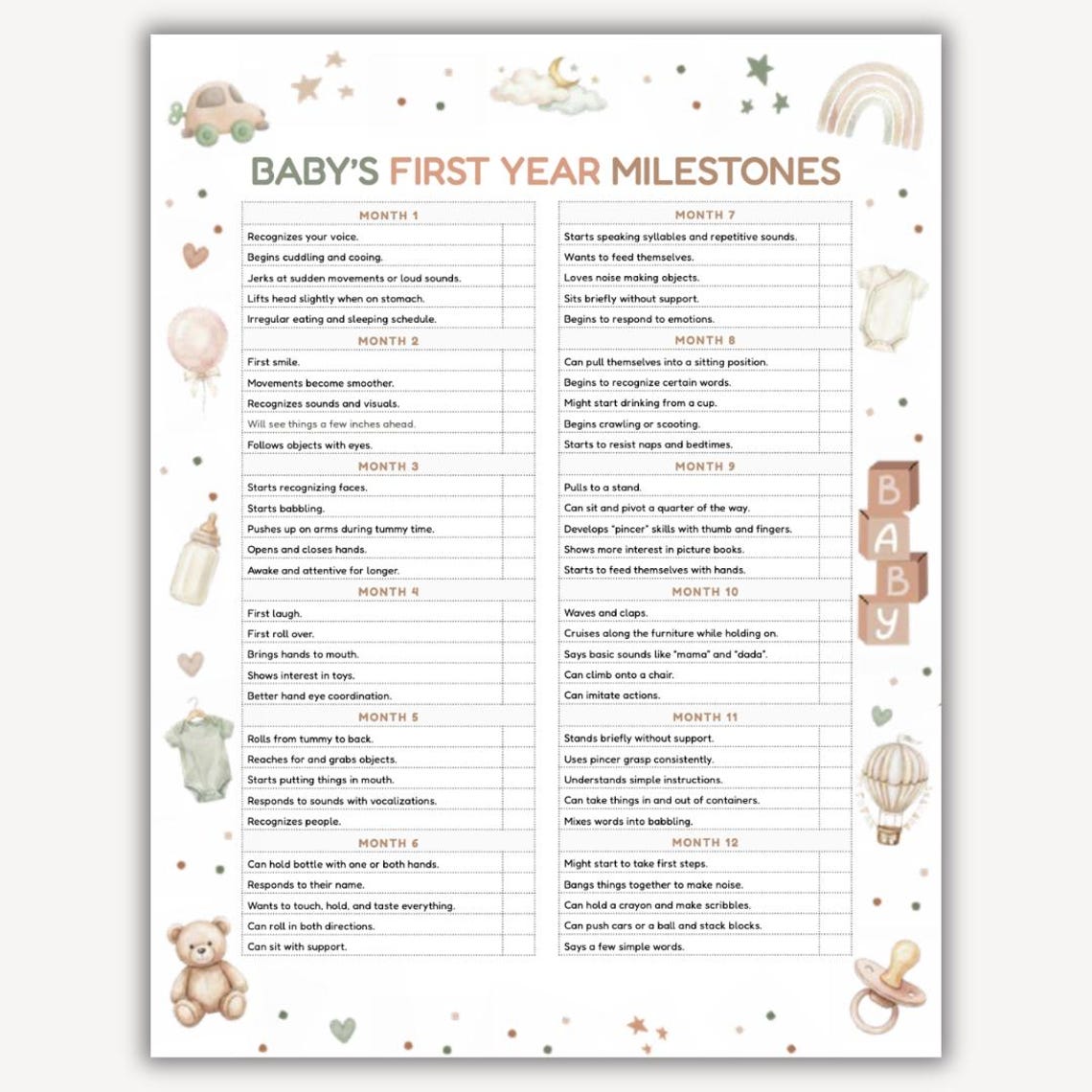 Baby Milestones Chart by Month Printable PDF, Baby Milestones Timeline ...
