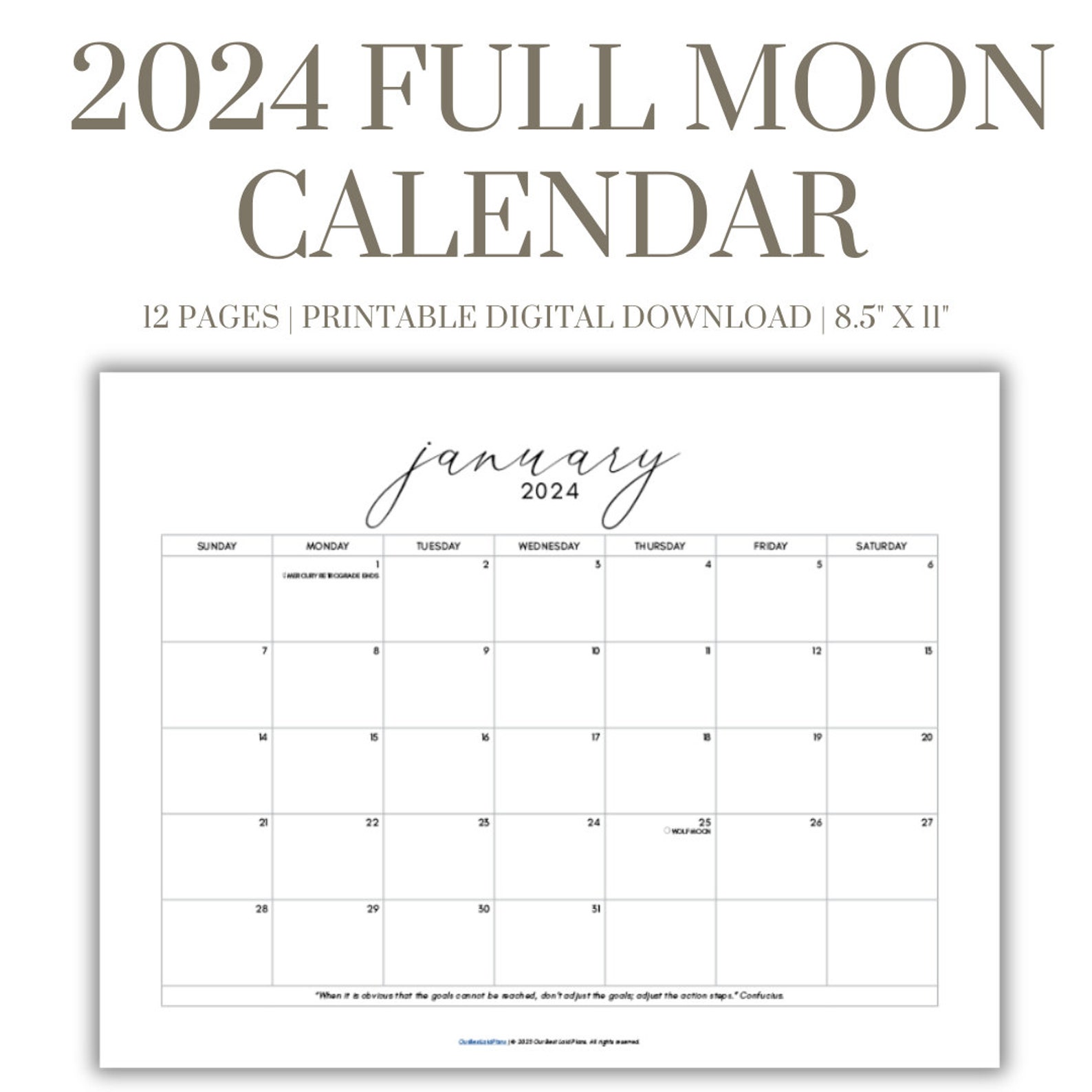 Full Moon Calendar 2024 Printable PDF, Full Moon Printable, Full Moon 2024 Calendar With Mercury