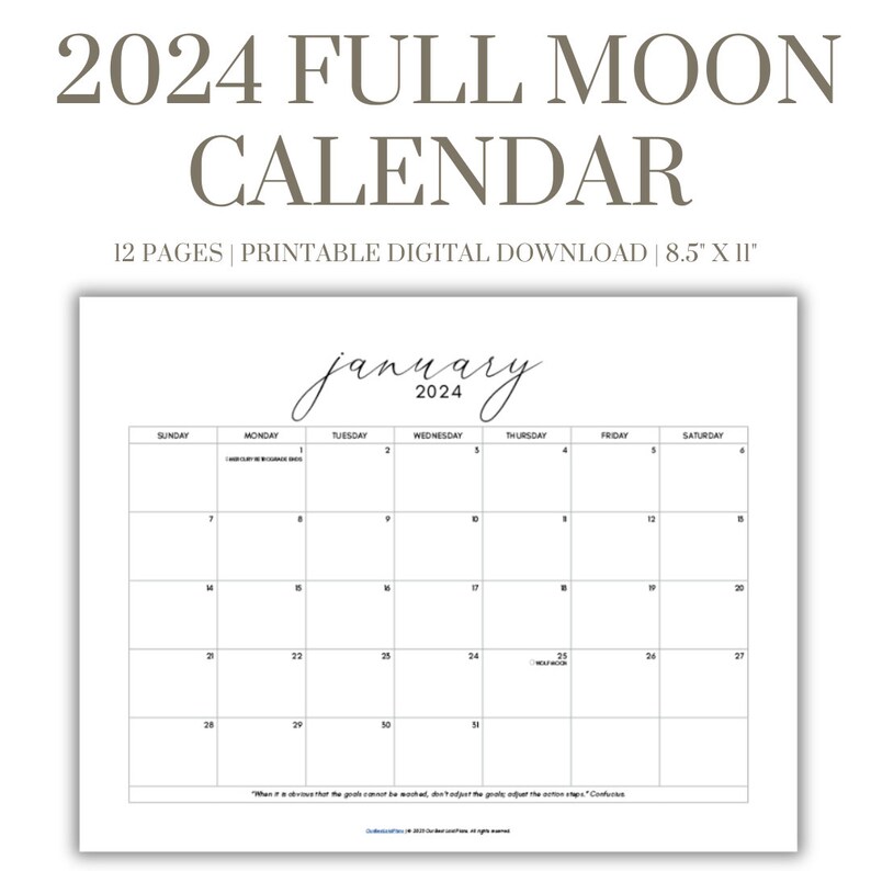 Full Moon Calendar 2024 Printable PDF, Full Moon Printable, Full Moon