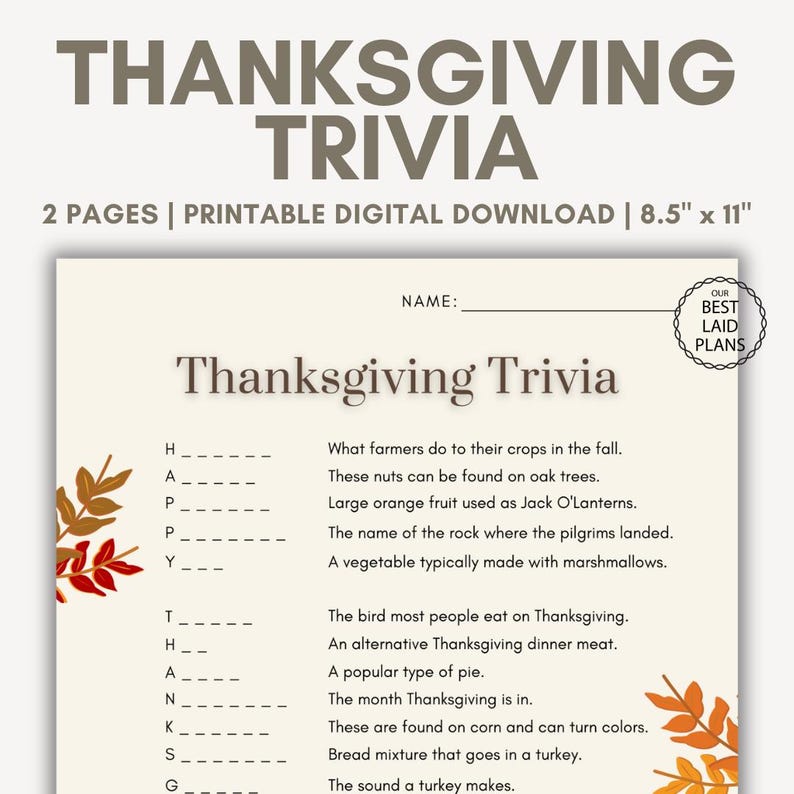 Thanksgiving Trivia Printable, Thanksgiving Trivia Classroom Activity ...