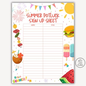Op de afbeelding: Een zomerse potluck-inschrijflijst met een centrale tabel voor namen en gerechten. De rand bevat kleurrijke illustraties van vuurwerk, vlaggetjes, een zon, een burger, ijsjes, een kokosnootdrankje en watermeloen met de tekst Hello Summer.