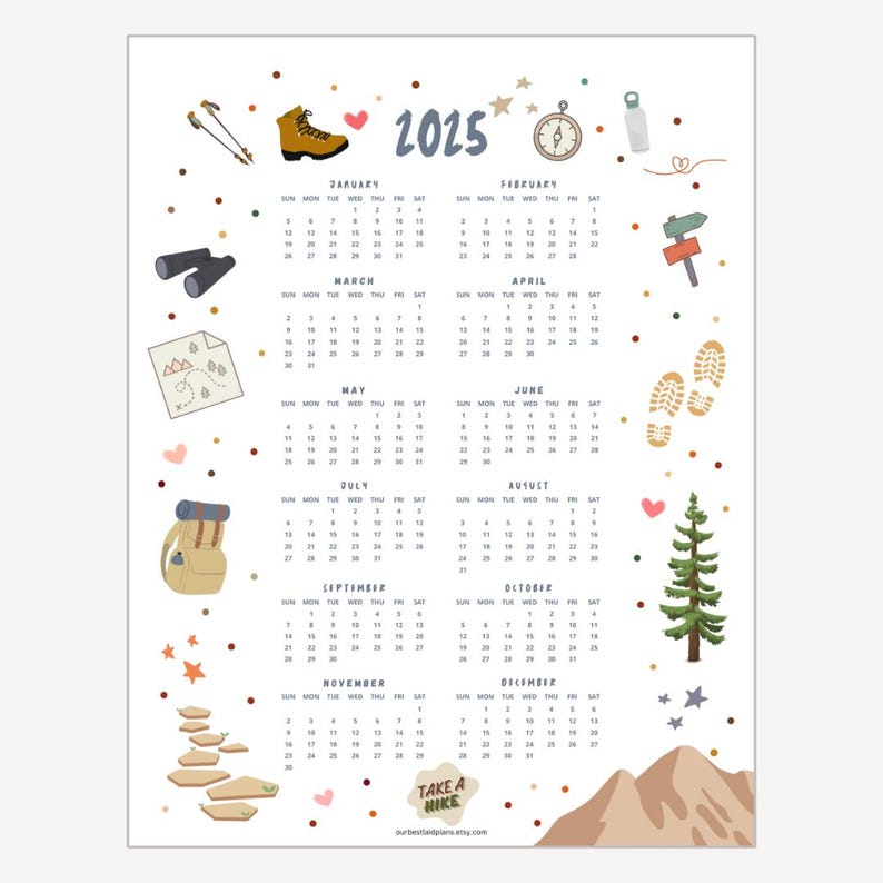 2025 at a Glance Calendar Printable PDF Cute 2025 Calendars Hiking ...