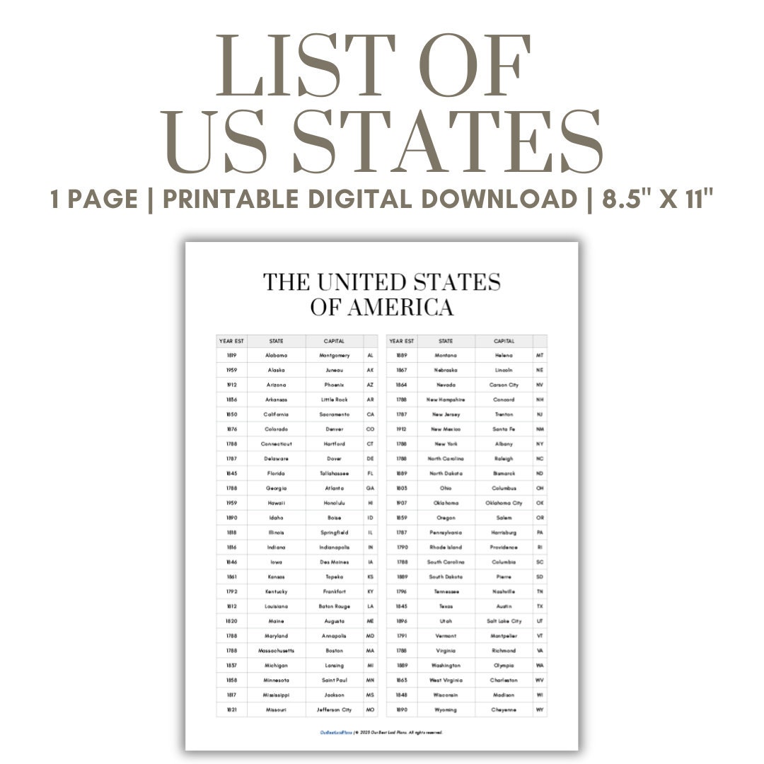 List of States Printable, Alphabetical List of 50 US States and
