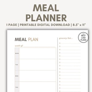 Meal Planner Template Printable, Meal Weekly Planner Template, Meal Dinner Planner PDF, Meal Menu Planner with Grocery List Menu Planner