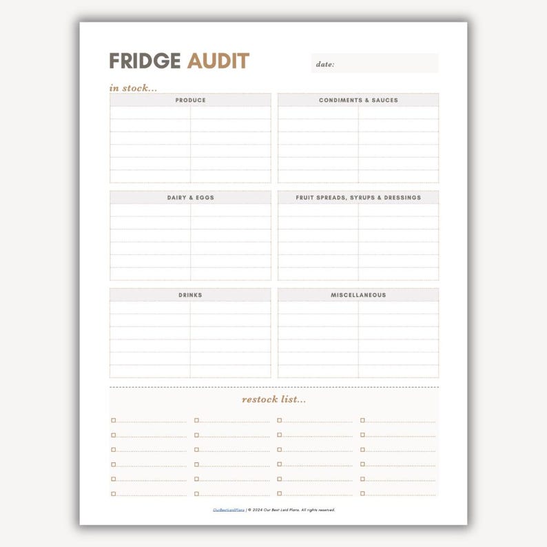 Fridge Restock Audit Printable Fridge Inventory Fridgescaping Kitchen Management Organization Grocery List Refrigerator Food List Organizer image 2