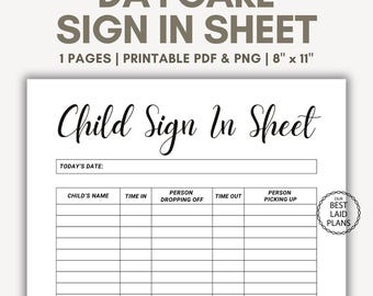 Daycare Sign In Sheet Printable PDF, Child Care Sign In Sheet, Childcare Sign In and Sign Out, Daycare Attendance Sign In and Sign Out