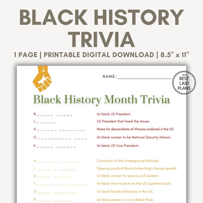 Black History Month Trivia Printable, Black History Month Templates ...