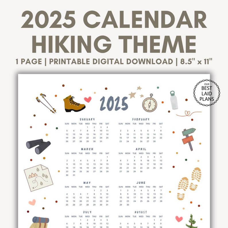 2025 at a Glance Calendar Printable PDF Cute 2025 Calendars Hiking ...