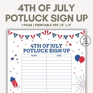 4th of July Potluck Sign Up Sheet Printable, 4th of July Potluck Sign Up Sheet PDF, Fourth of July Potluck Sign Up Sheet Printable PDF