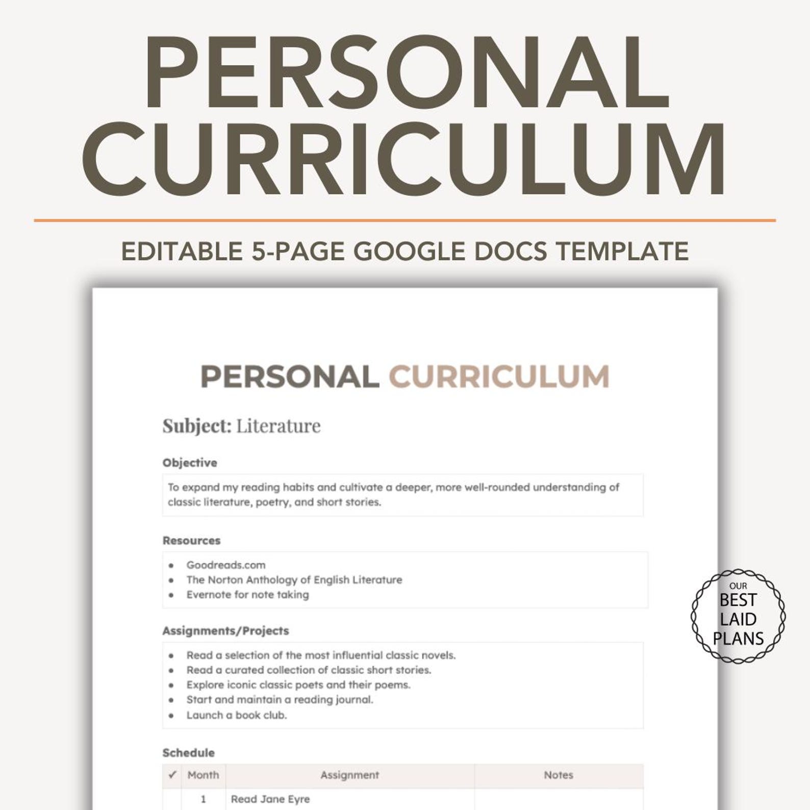 Personal Lesson Personal Curriculum Template Editable in Google Docs, Personal Learning ...