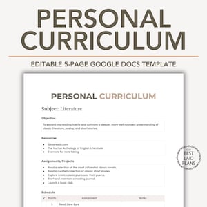 May include: A white document titled "PERSONAL CURRICULUM" with the subject "Literature." The document includes sections for objectives, resources, assignments, and a schedule. Text at the top reads "EDITABLE 5-PAGE GOOGLE DOCS TEMPLATE."