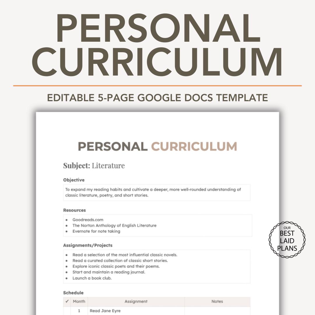 Personal Curriculum Template Editable in Google Docs, Personal Learning Plan, Personal Lesson Plan Template, Personal Growth Plan 2026