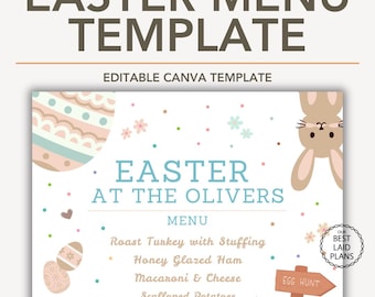Modello di menu di Pasqua modificabile in Canva, menu per la cena di Pasqua, design del menu di Pasqua, menu per il pranzo di Pasqua stampabile in formato digitale.