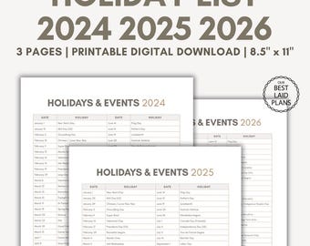 Liste der Feiertage 2025 2026 Feiertagsliste druckbares PDF in der Reihenfolge Feiertage und Ereignisse für 2025 2026
