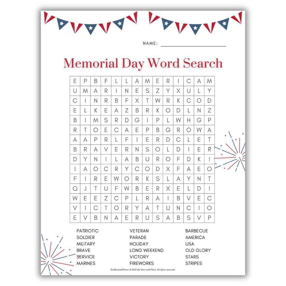 Memorial Day Word Search Printable PDF Memorial Day Word Find Game for Memorial Day Word Search Printable PDF Memorial Day Word Find Game for