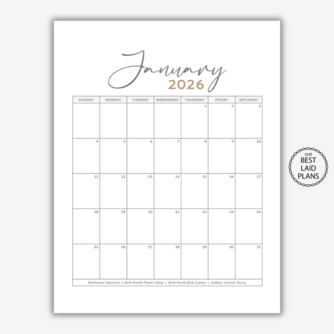 2026 Calendar Printable and Fillable PDF, No Holiday, Blank Template