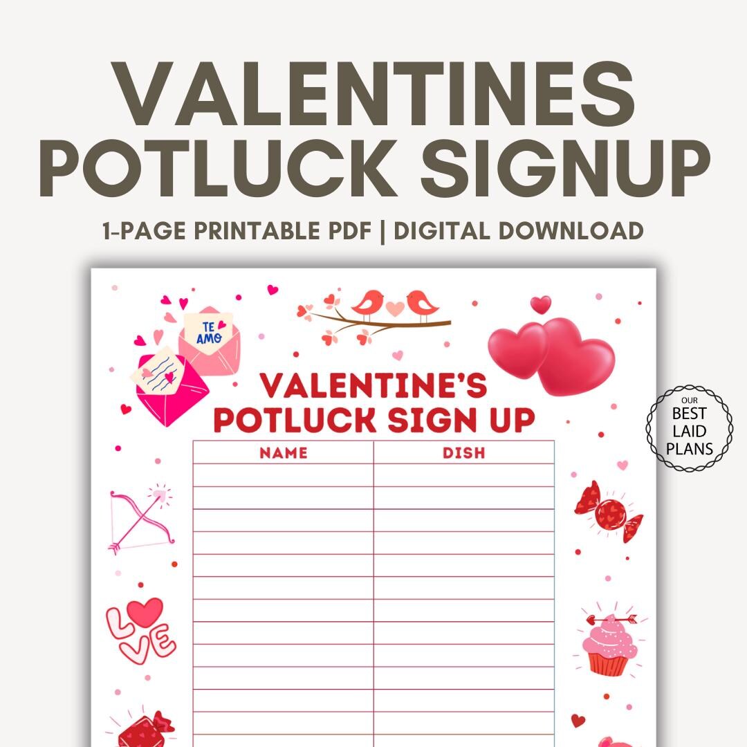 Valentines Potluck Sign up Sheet Printable PDF for Parties and Work ...