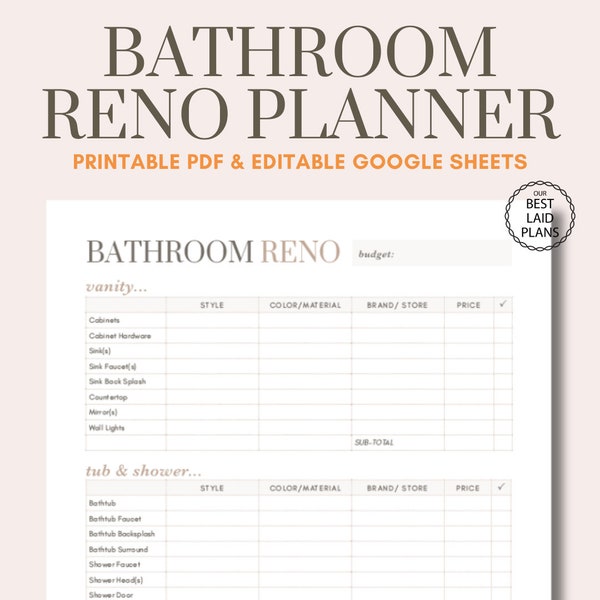 Bathroom Renovation Planner Printable PDF Google Sheets Editable Bathroom Remodel Digital Bathroom Design Planner Bath Renovate Planner