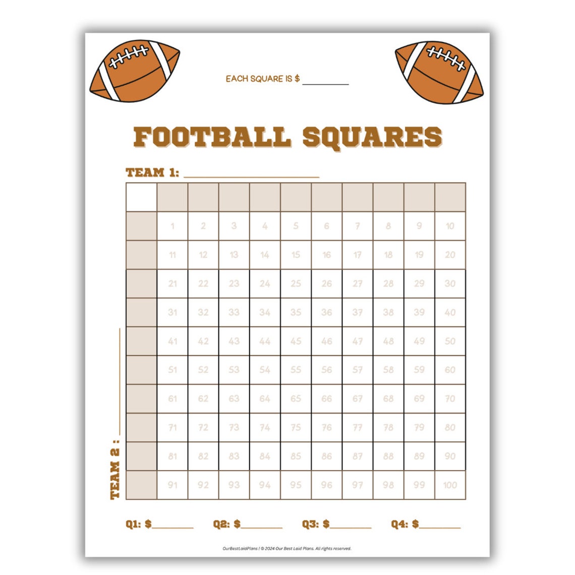Football Squares Printable PDF, Football Squares Game, Football Grid ...